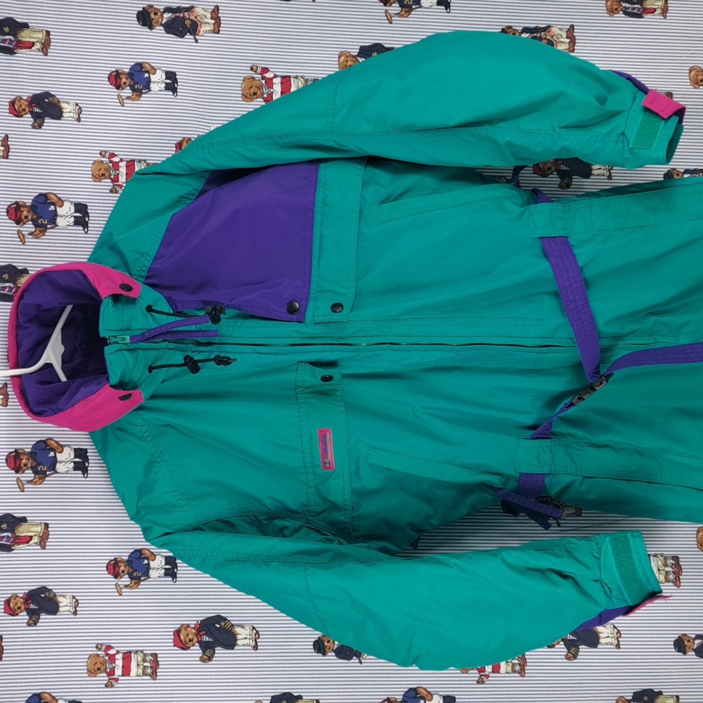 Vintage Columbia Terquoise & purple insulated half zip snow ski suit Women's LG